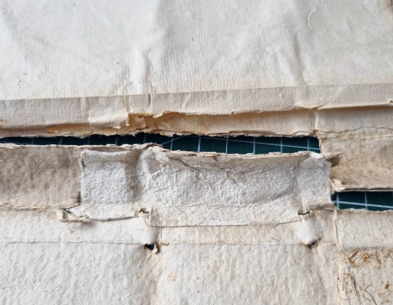 gros plan sur une restauration ancienne sur la partie intérieure du dos d'un livre ancien