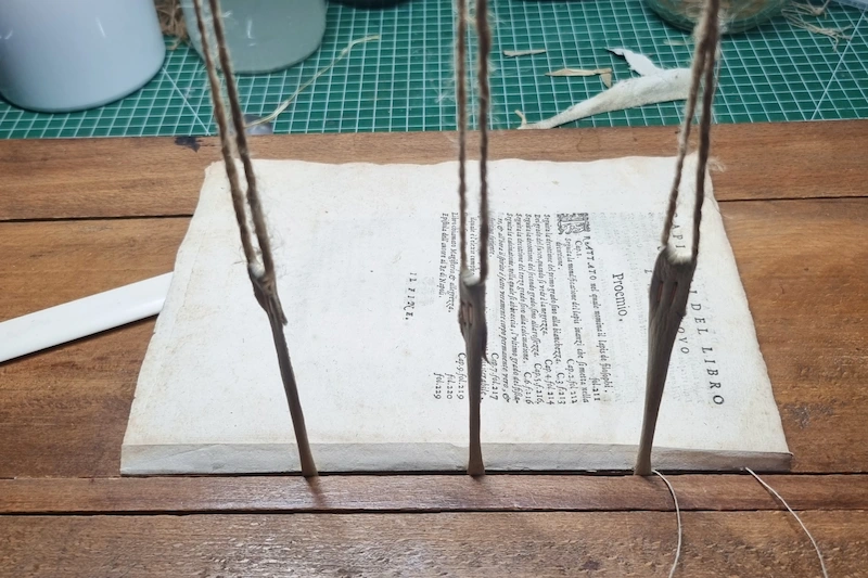 cahier d'un livre ancien maintenu sur cousoir pour couture