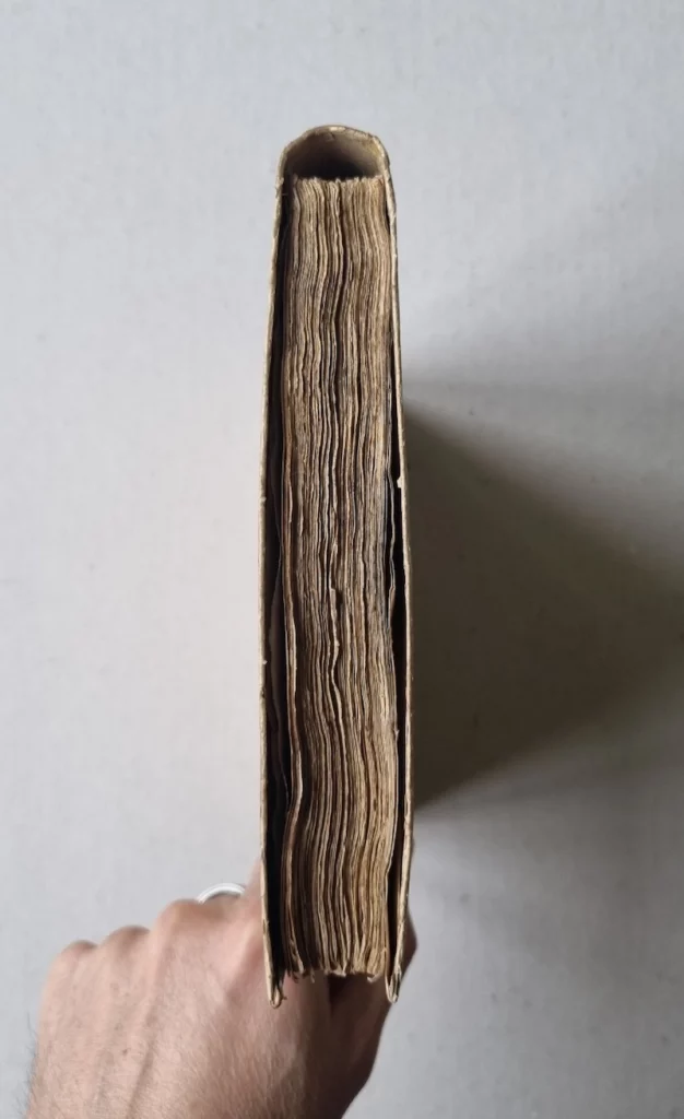 main tenant un livre ancien du 16ème siècle vu depuis la tranche de tête