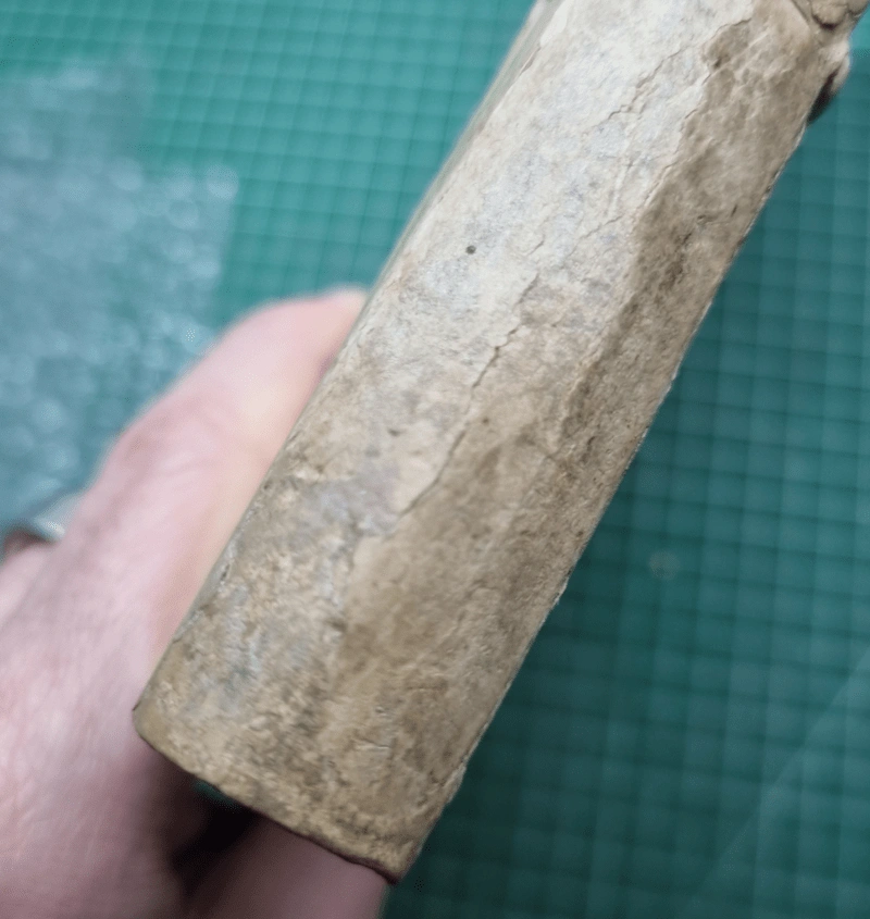 main tenant un livre ancien du 16ème restauré vue du dos coiffe de queue