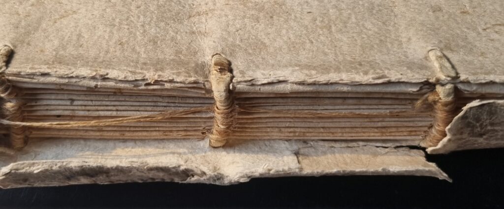 vue rapprochée d'une ancienne restauration sur l'intérieur du  dos d'un livre ancien